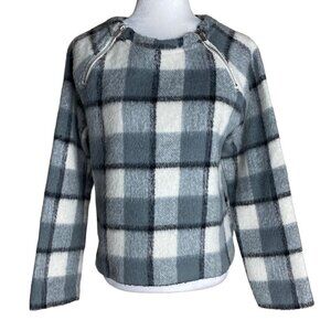 Abercrombie & Fitch Gray and White Plaid Crewneck Sweater with Zip Accent